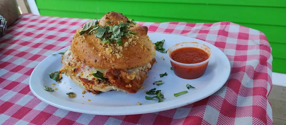 Chicken Parmigiana on a Garlic Knot Roll